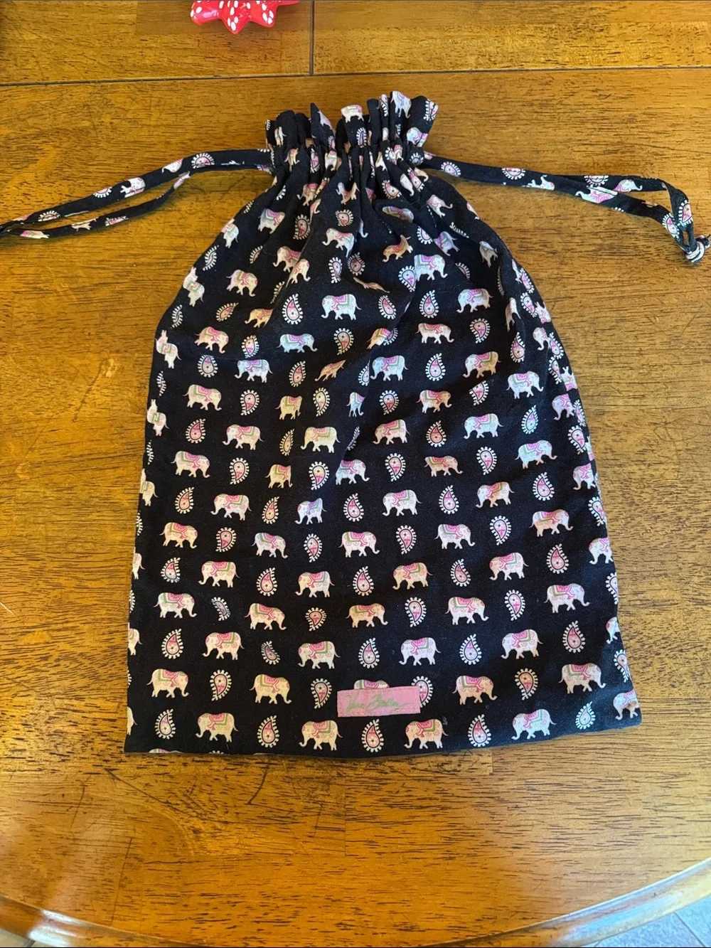 Vintage Vera Bradley Black & Pink Elephant Pattern drawstring bag.  Unlined